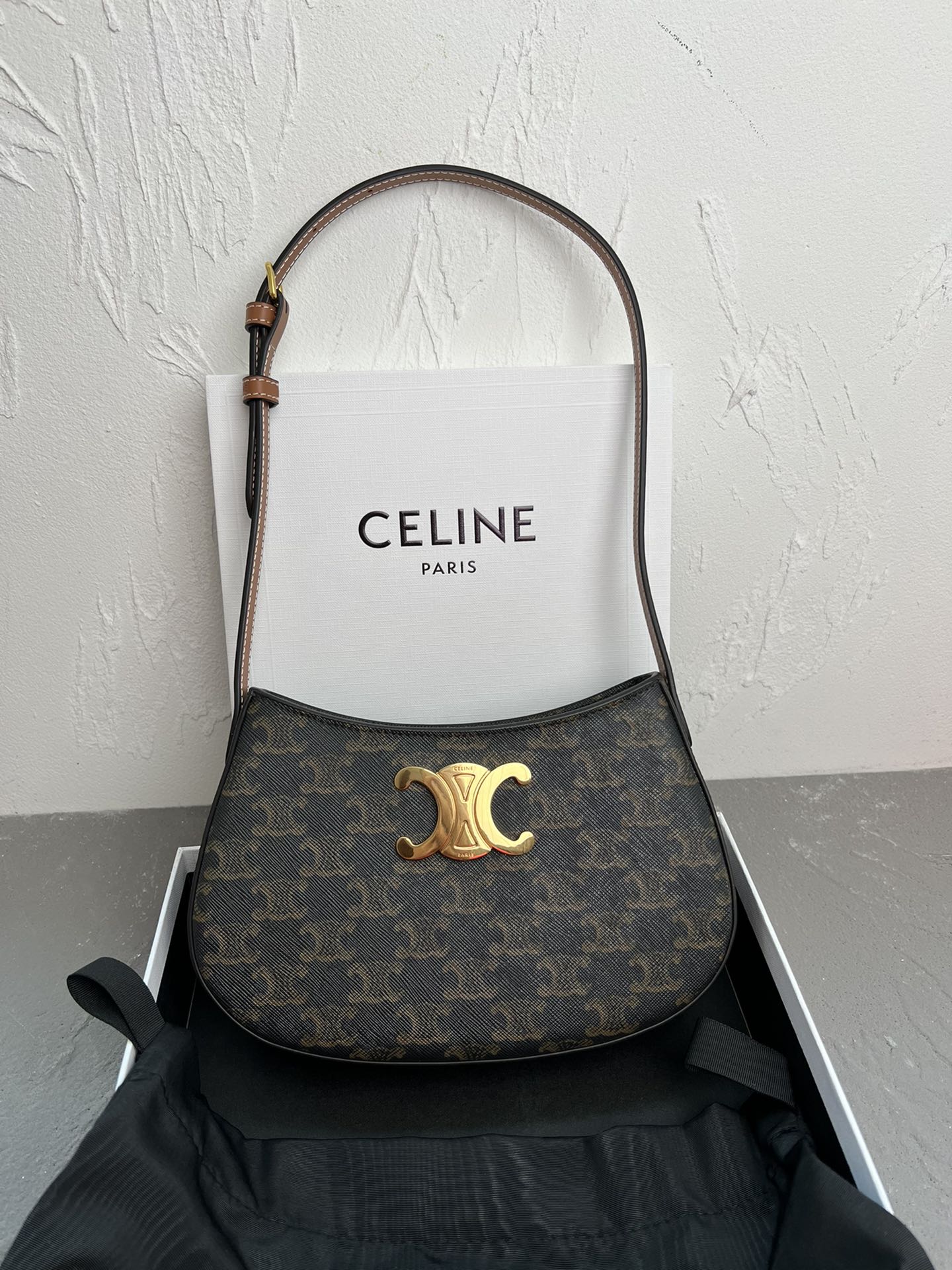 Celine Medium Tilly Bag In TRIOMPHE CANVAS AND CALFSKIN TAN