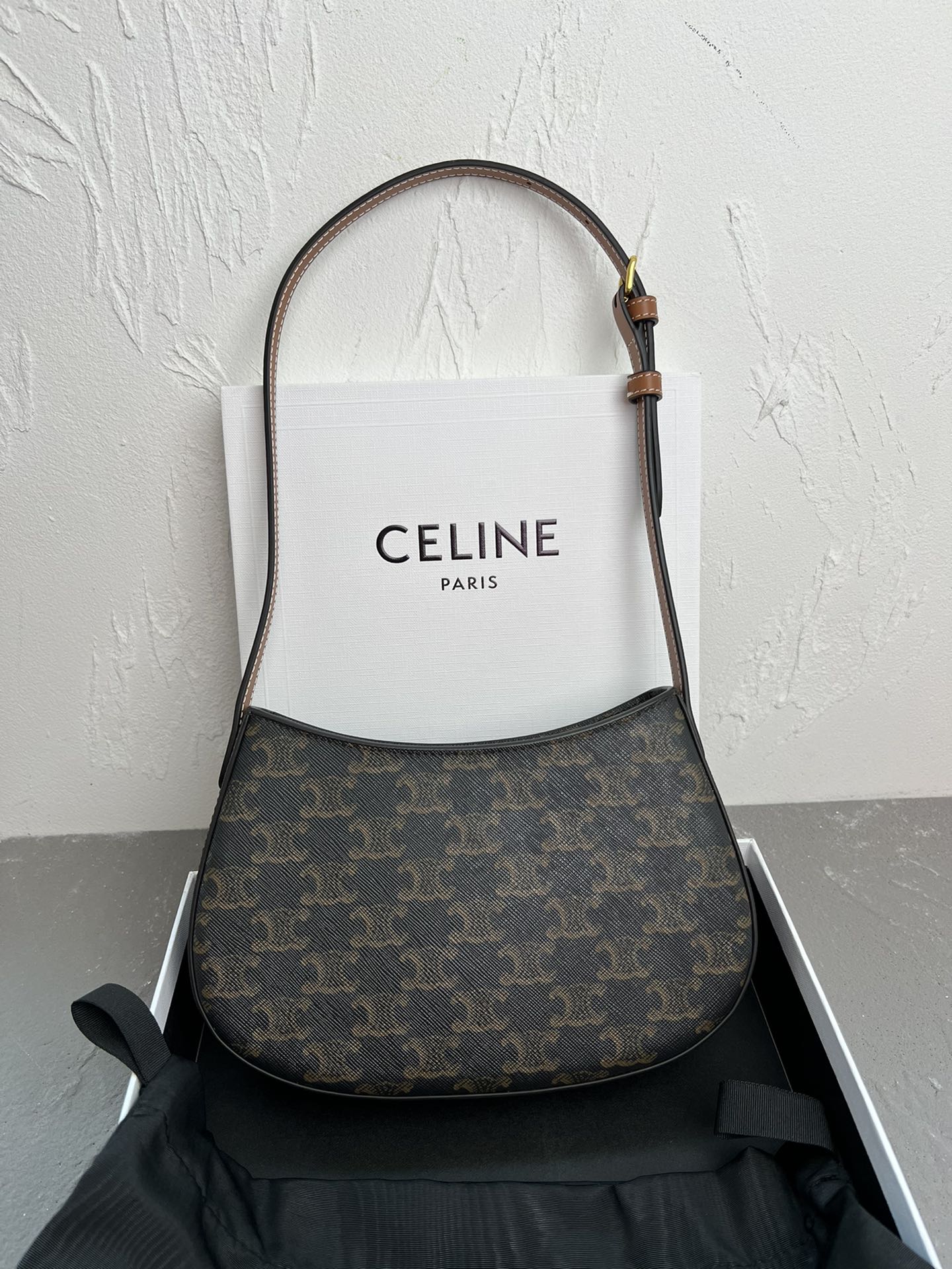 Celine Medium Tilly Bag In TRIOMPHE CANVAS AND CALFSKIN TAN