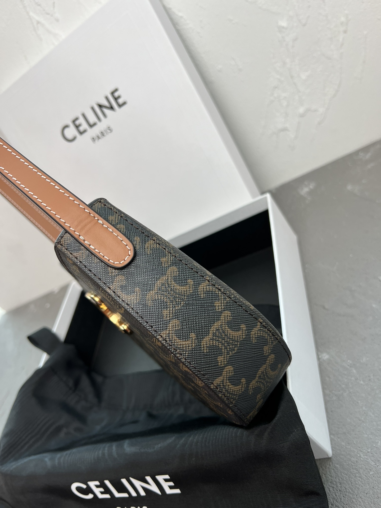 Celine Medium Tilly Bag In TRIOMPHE CANVAS AND CALFSKIN TAN