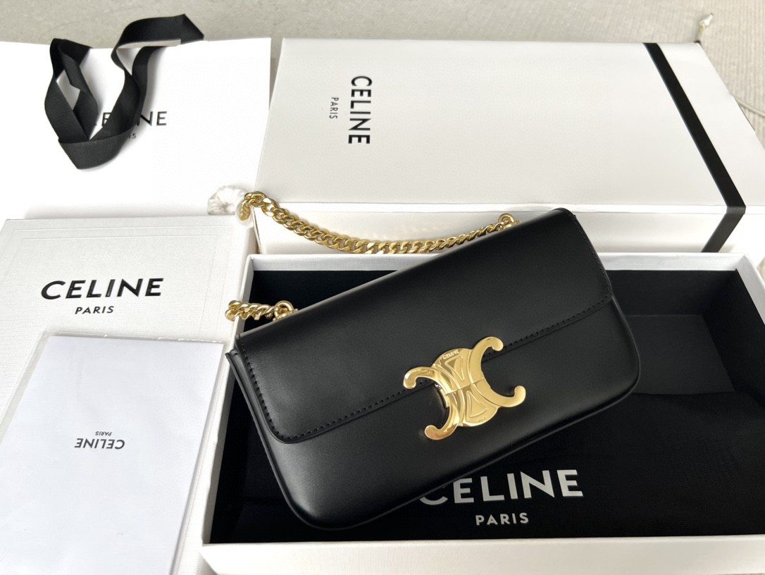 Celine New Triomphe Mini Shoulder Bag Calfskin Black with Gold