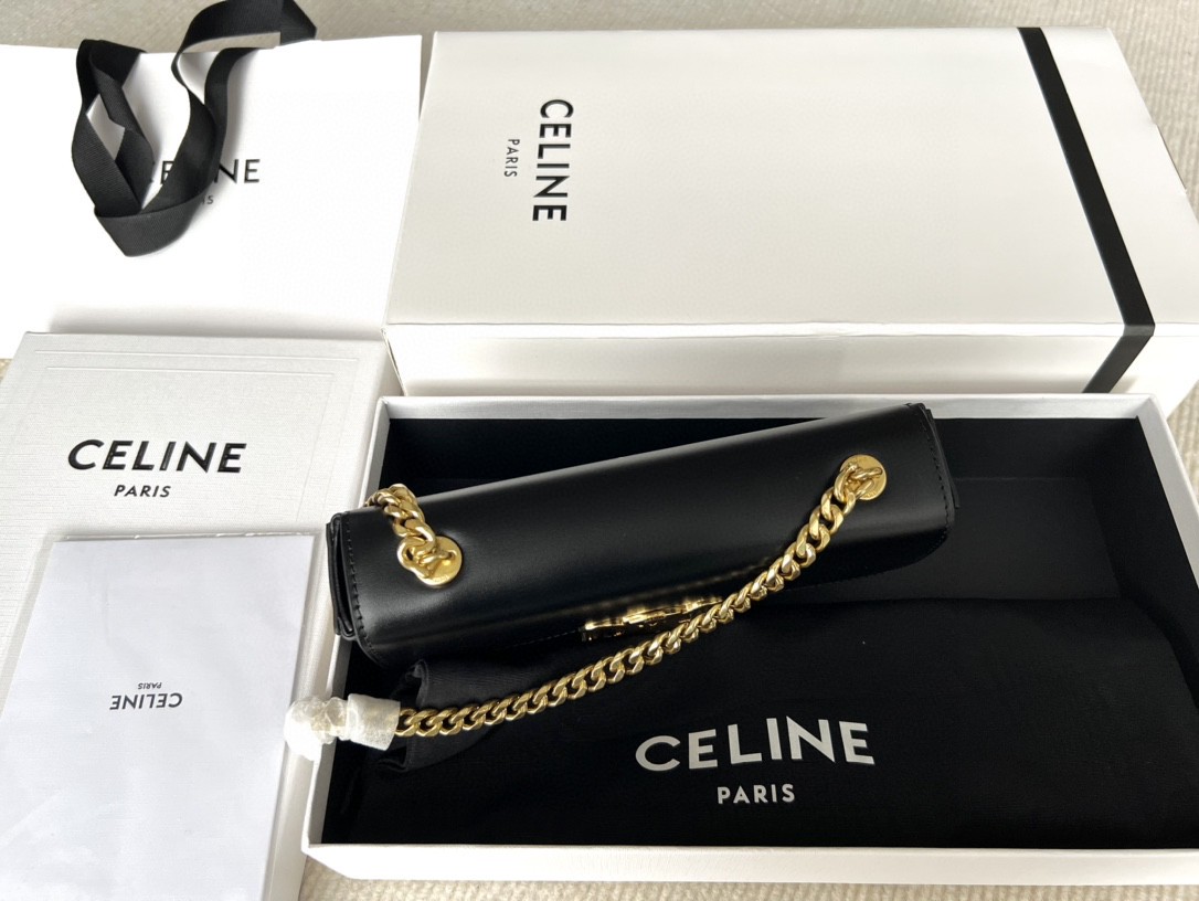 Celine New Triomphe Mini Shoulder Bag Calfskin Black with Gold