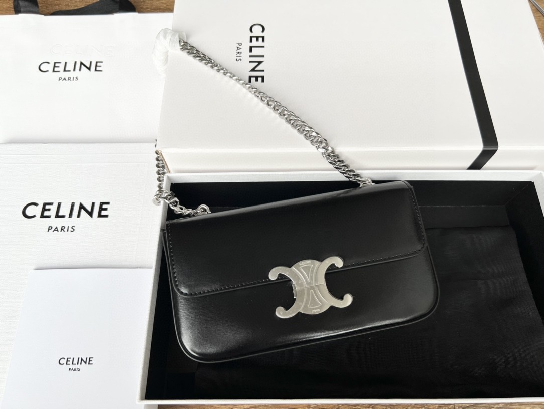 Celine New Triomphe Mini Shoulder Bag Calfskin Black with Silver 