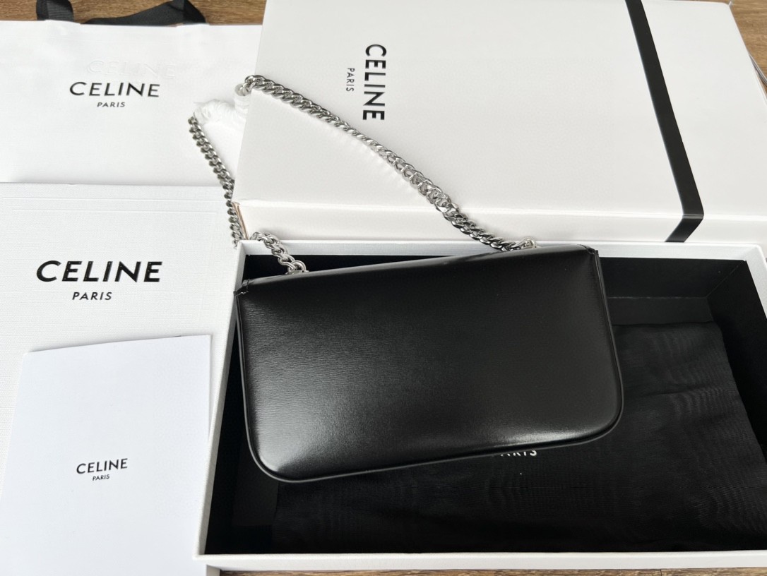 Celine New Triomphe Mini Shoulder Bag Calfskin Black with Silver 