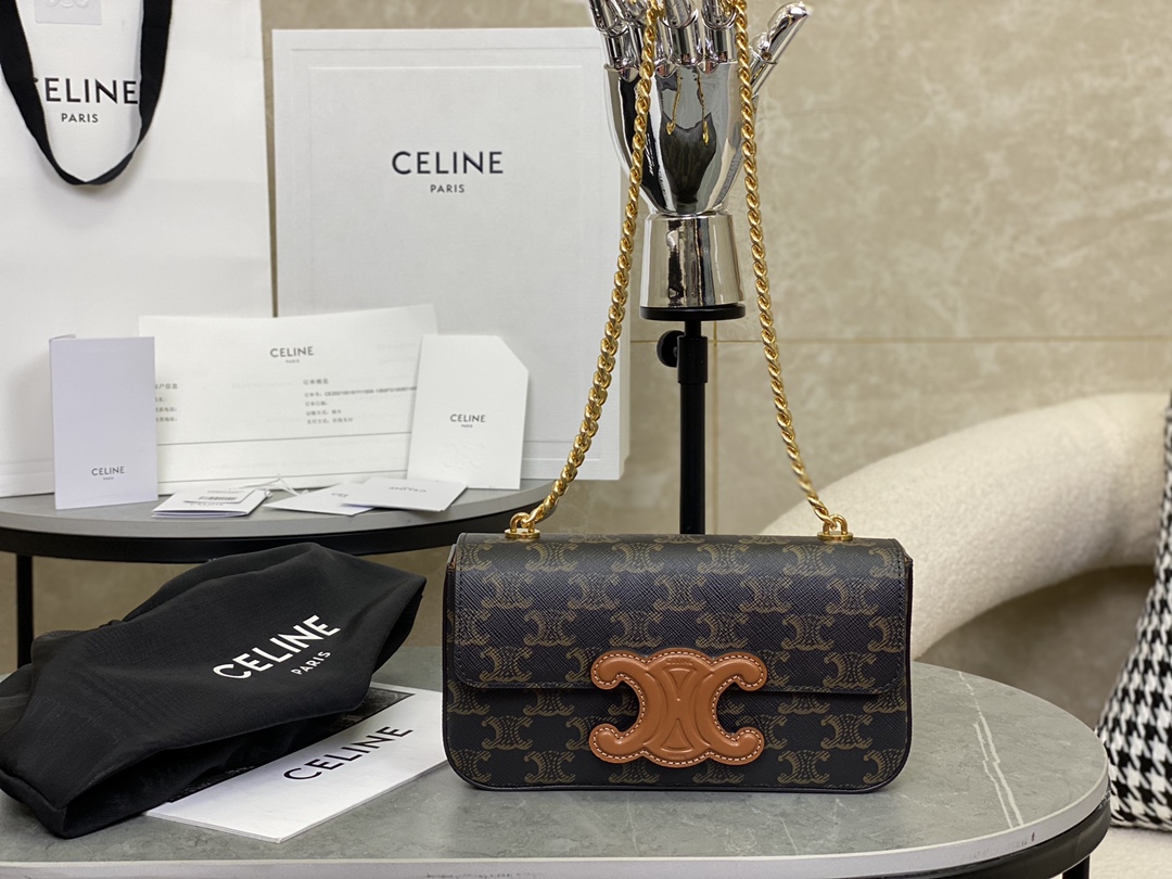 Celine Shoulder Bag in Triomphe  Canvas and Calfskin Tan