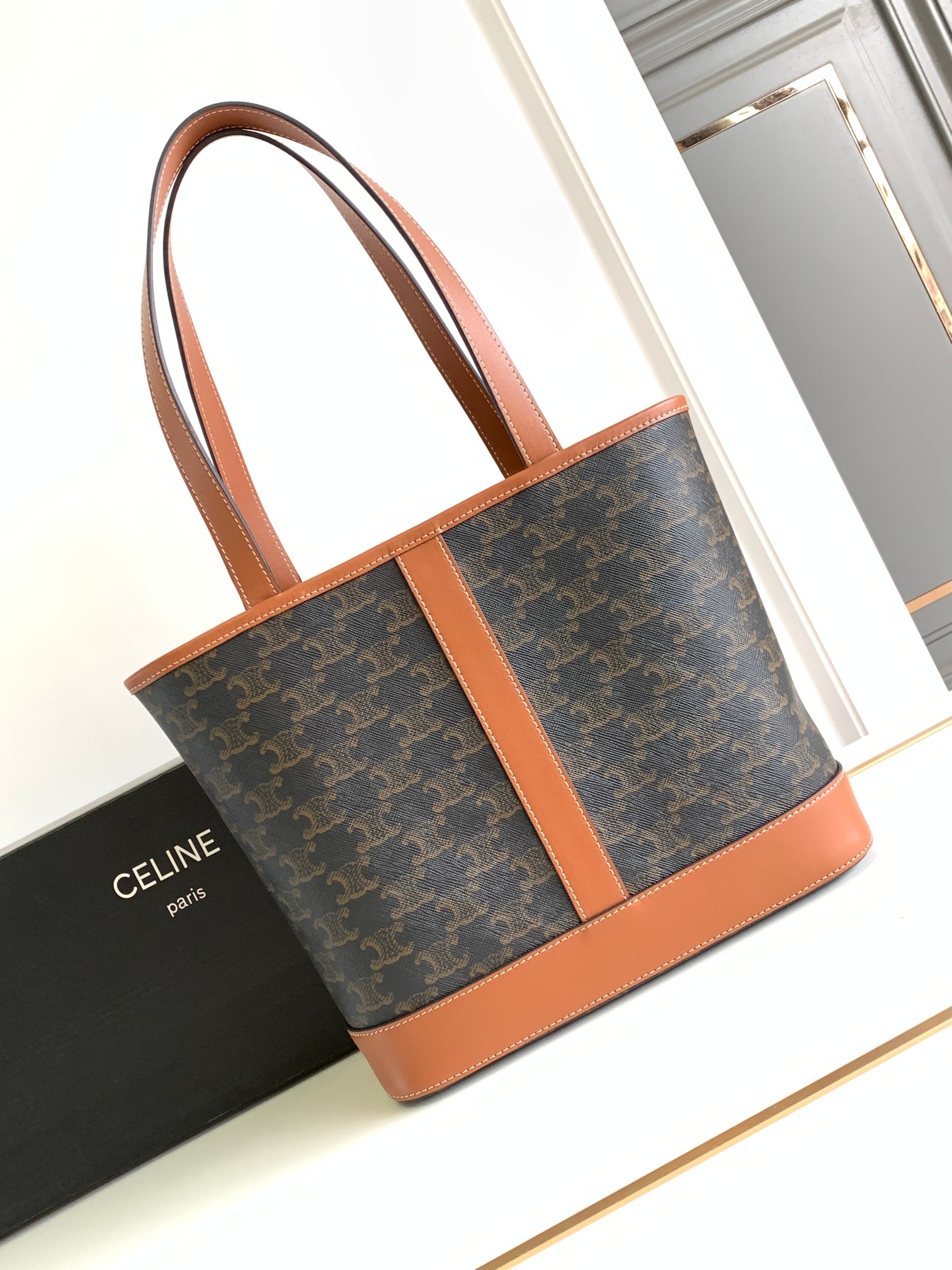 Celine Small Cabas In Triomphe Canvas and Calfskin Tan