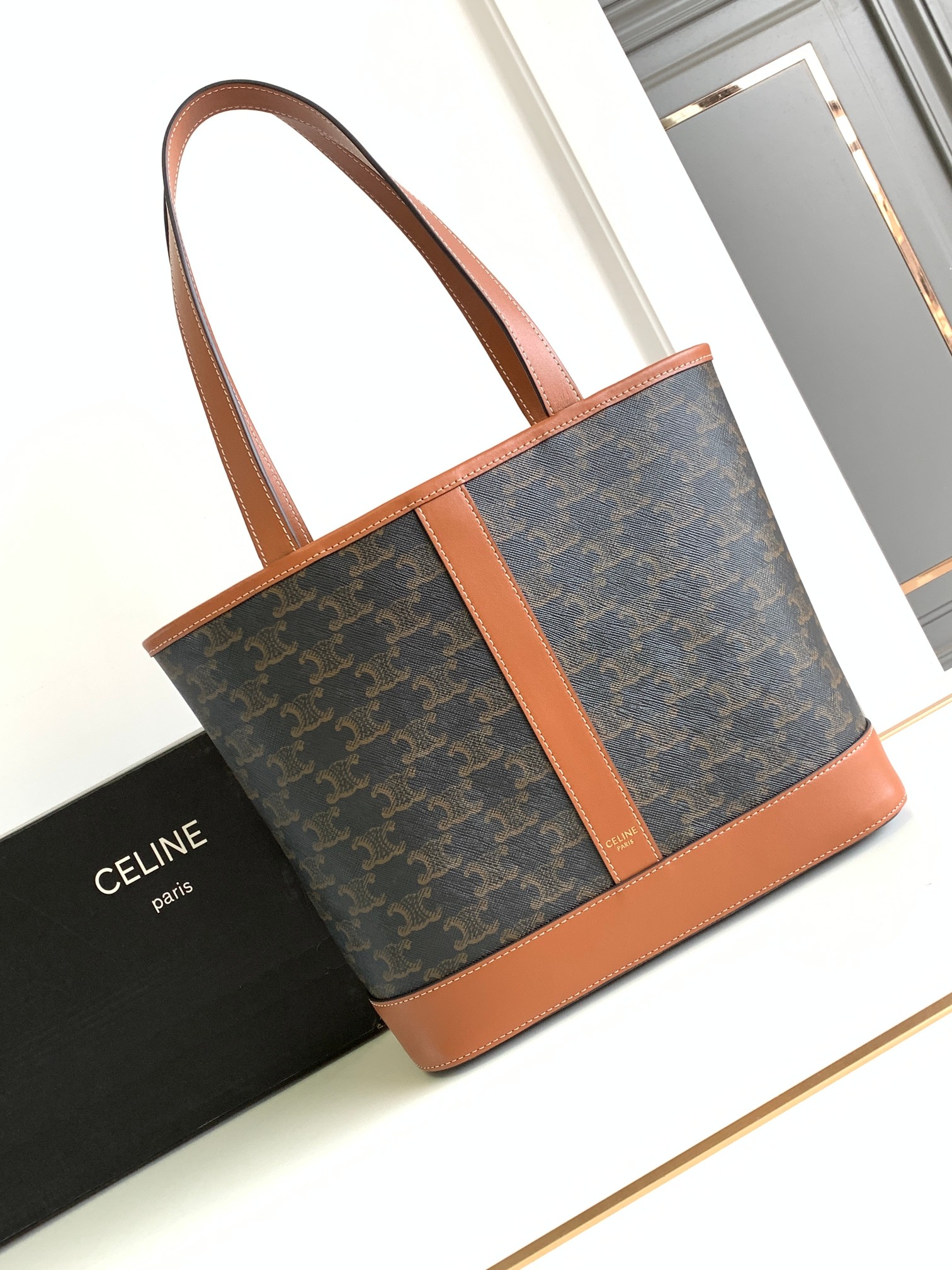 Celine Small Cabas In Triomphe Canvas and Calfskin Tan