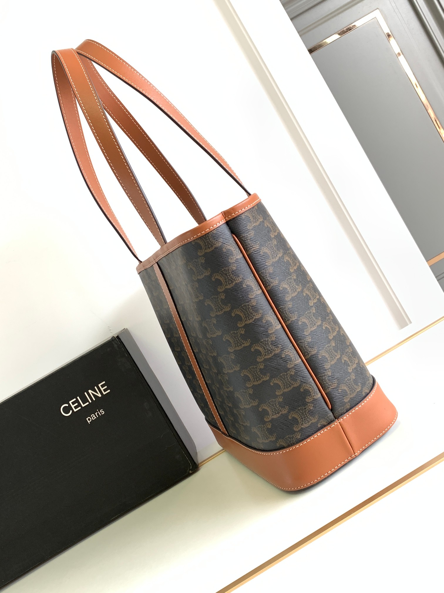 Celine Small Cabas In Triomphe Canvas and Calfskin Tan