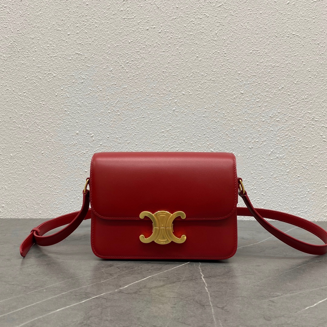 Celine Small Classique Triomphe Bag In Shiny Calfskin Red With Silver