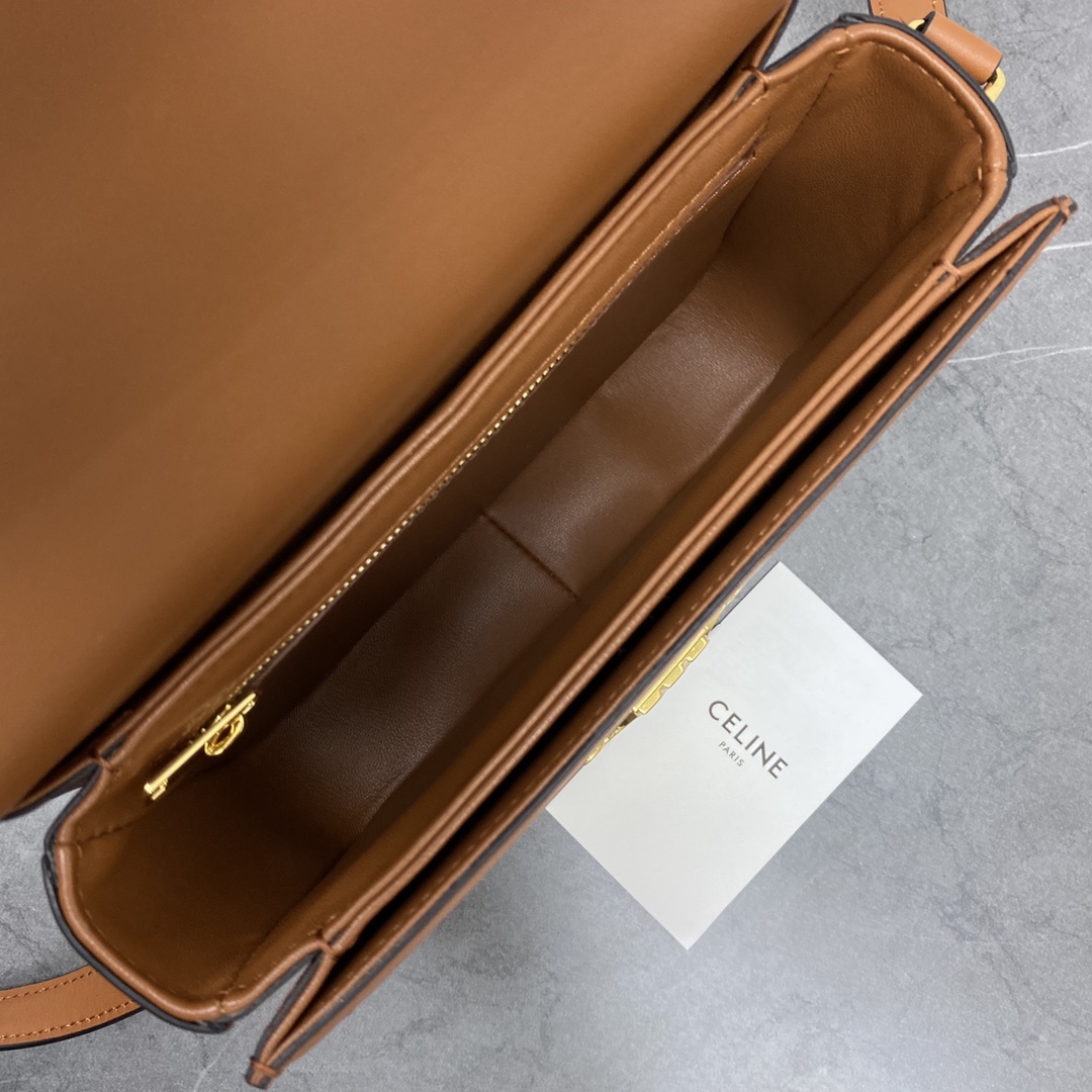 Celine Small Classique Triomphe Bag In Shiny Calfskin Tan and Brown