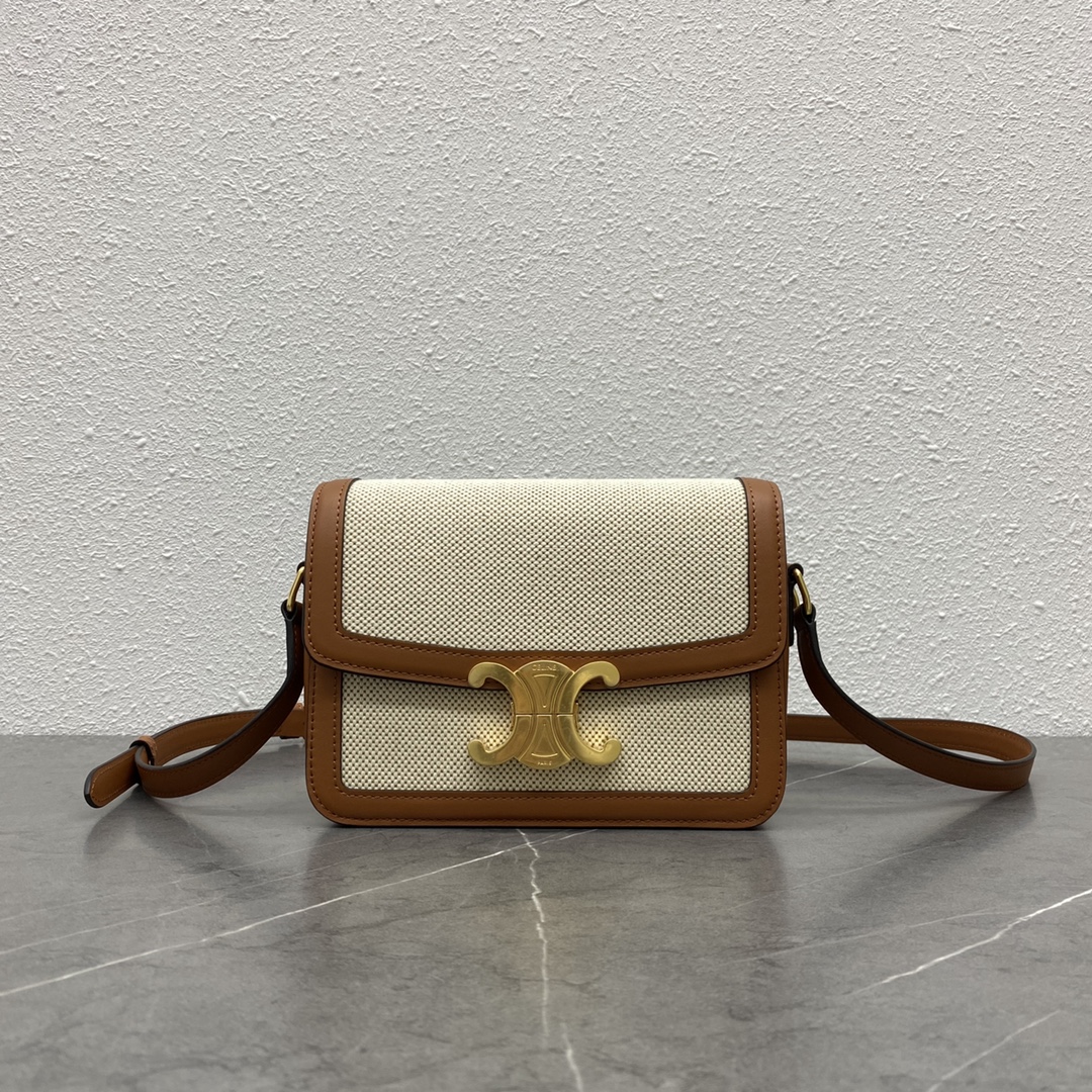 Celine Small Classique Triomphe Bag In Shiny Calfskin Tan and Brown