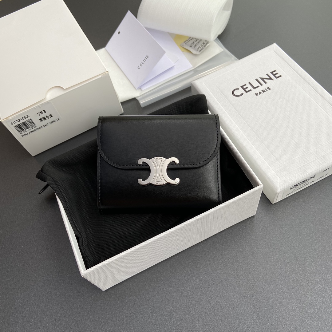 Celine Smlal Flap Wallet Triomphe in Petent Calfskin Black With Silver