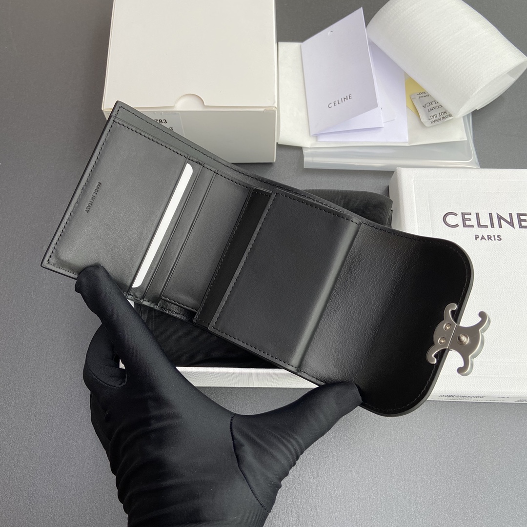 Celine Smlal Flap Wallet Triomphe in Petent Calfskin Black With Silver