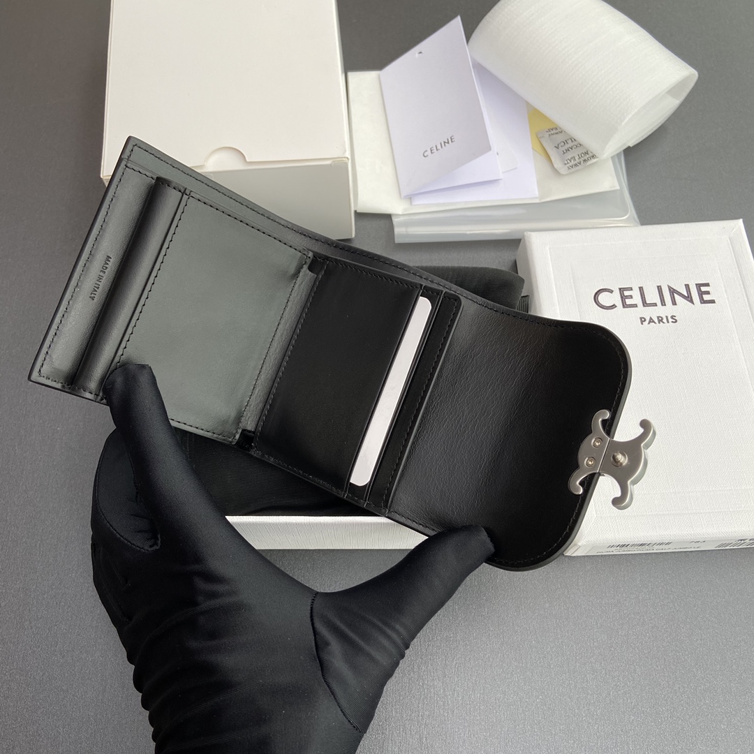 Celine Smlal Flap Wallet Triomphe in Petent Calfskin Black With Silver