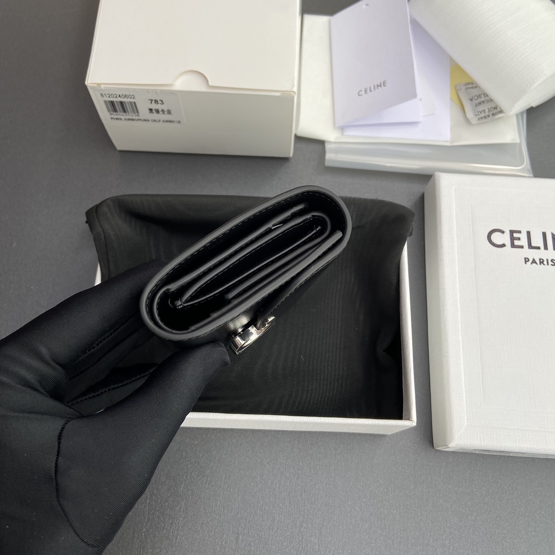 Celine Smlal Flap Wallet Triomphe in Petent Calfskin Black With Silver