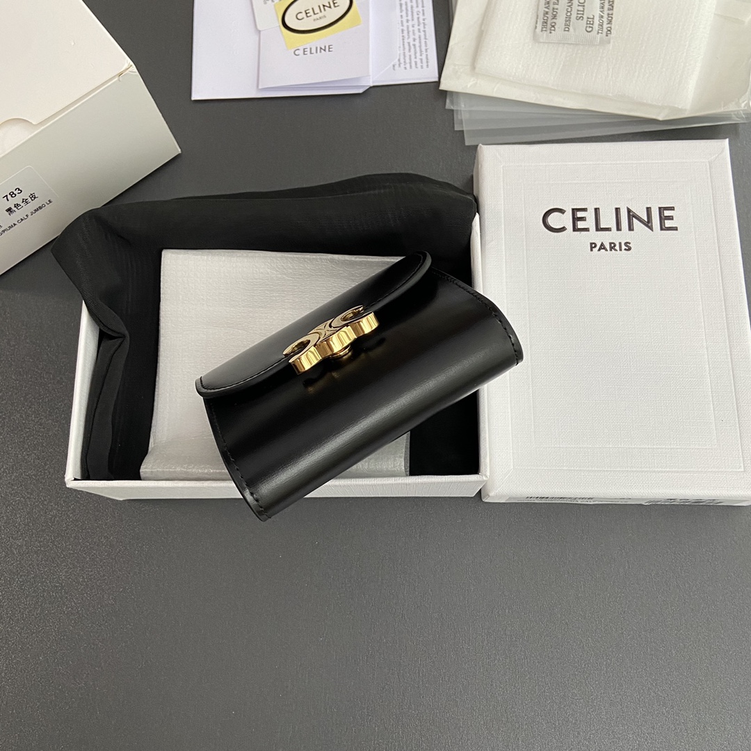 Celine Smlal Flap Wallet Triomphe in Petent Calfskin Black with Gold