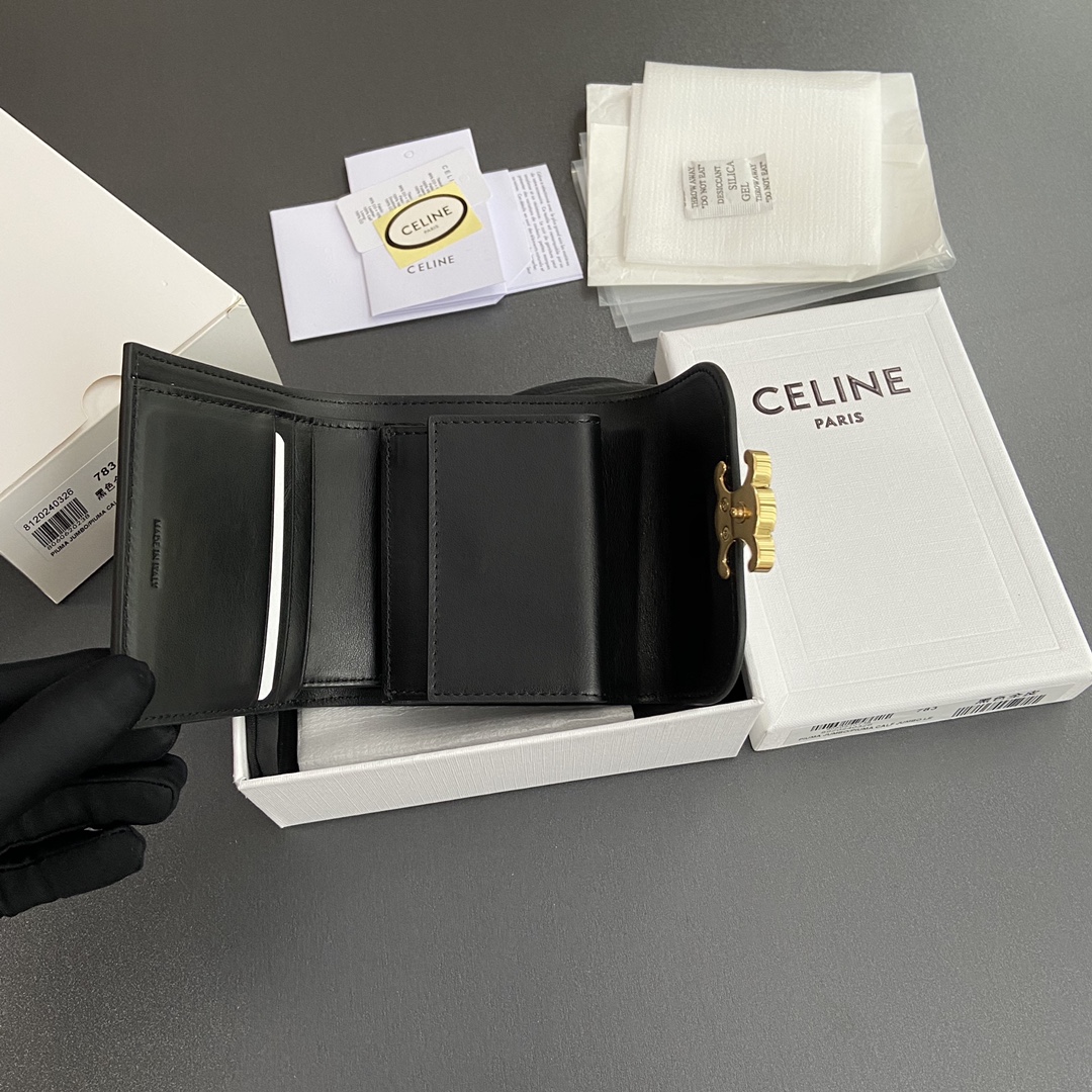 Celine Smlal Flap Wallet Triomphe in Petent Calfskin Black with Gold