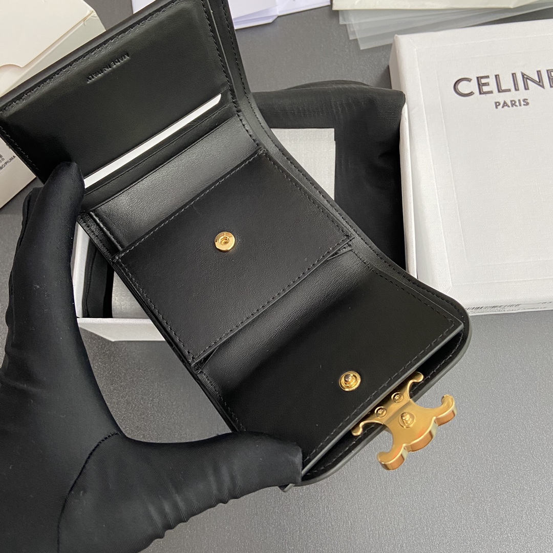 Celine Smlal Flap Wallet Triomphe in Petent Calfskin Black with Gold