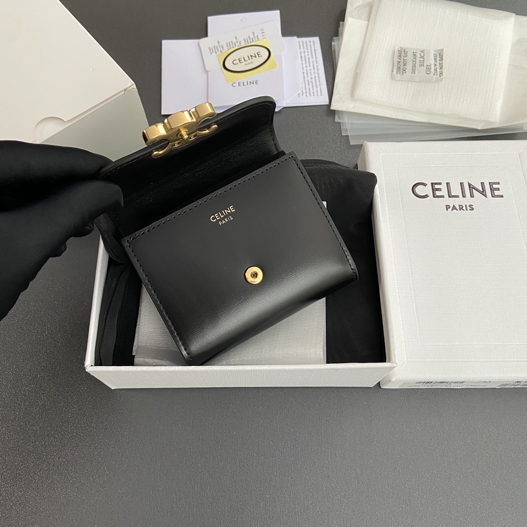 Celine Smlal Flap Wallet Triomphe in Petent Calfskin Black with Gold