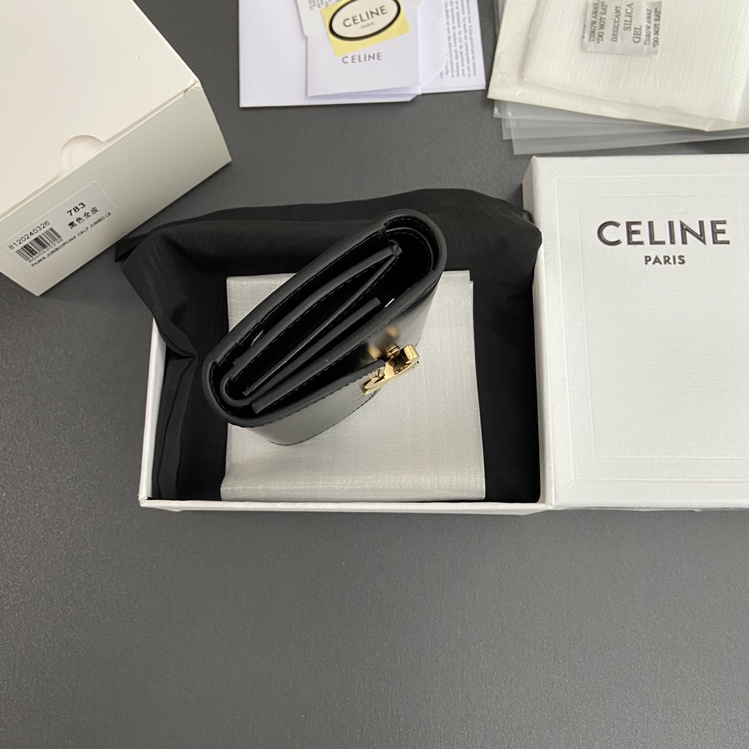 Celine Smlal Flap Wallet Triomphe in Petent Calfskin Black with Gold