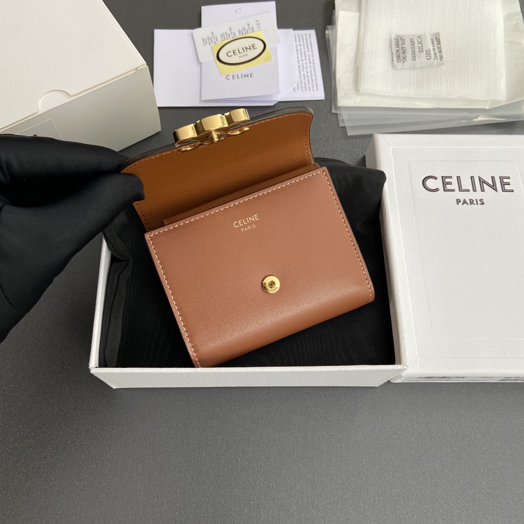 Celine Smlal Flap Wallet Triomphe in Petent Calfskin Brown-1