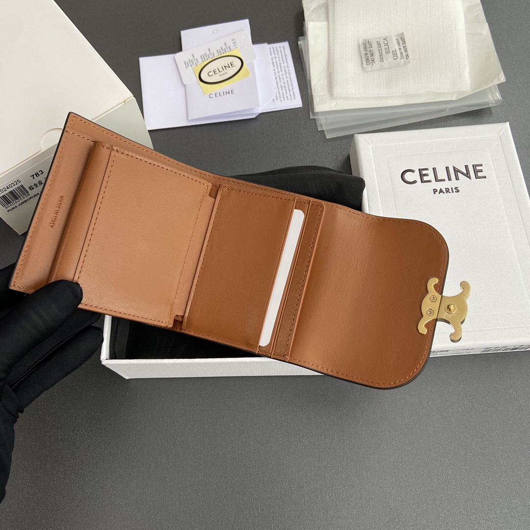 Celine Smlal Flap Wallet Triomphe in Petent Calfskin Brown-1