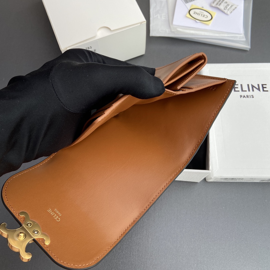 Celine Smlal Flap Wallet Triomphe in Petent Calfskin Brown