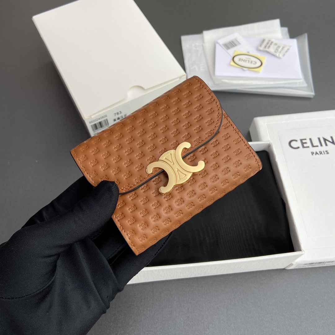 Celine Smlal Flap Wallet Triomphe in Petent Calfskin Brown