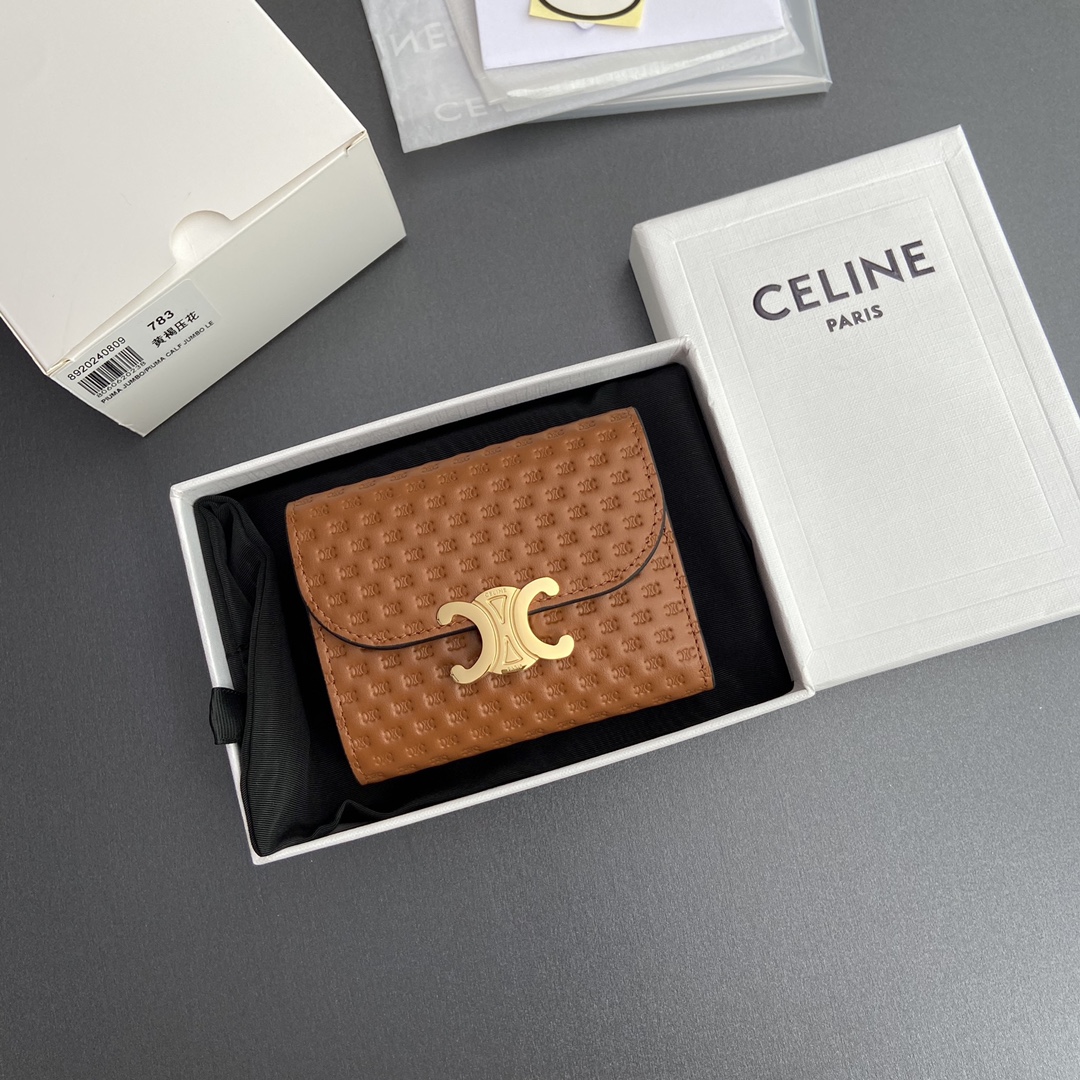 Celine Smlal Flap Wallet Triomphe in Petent Calfskin Brown