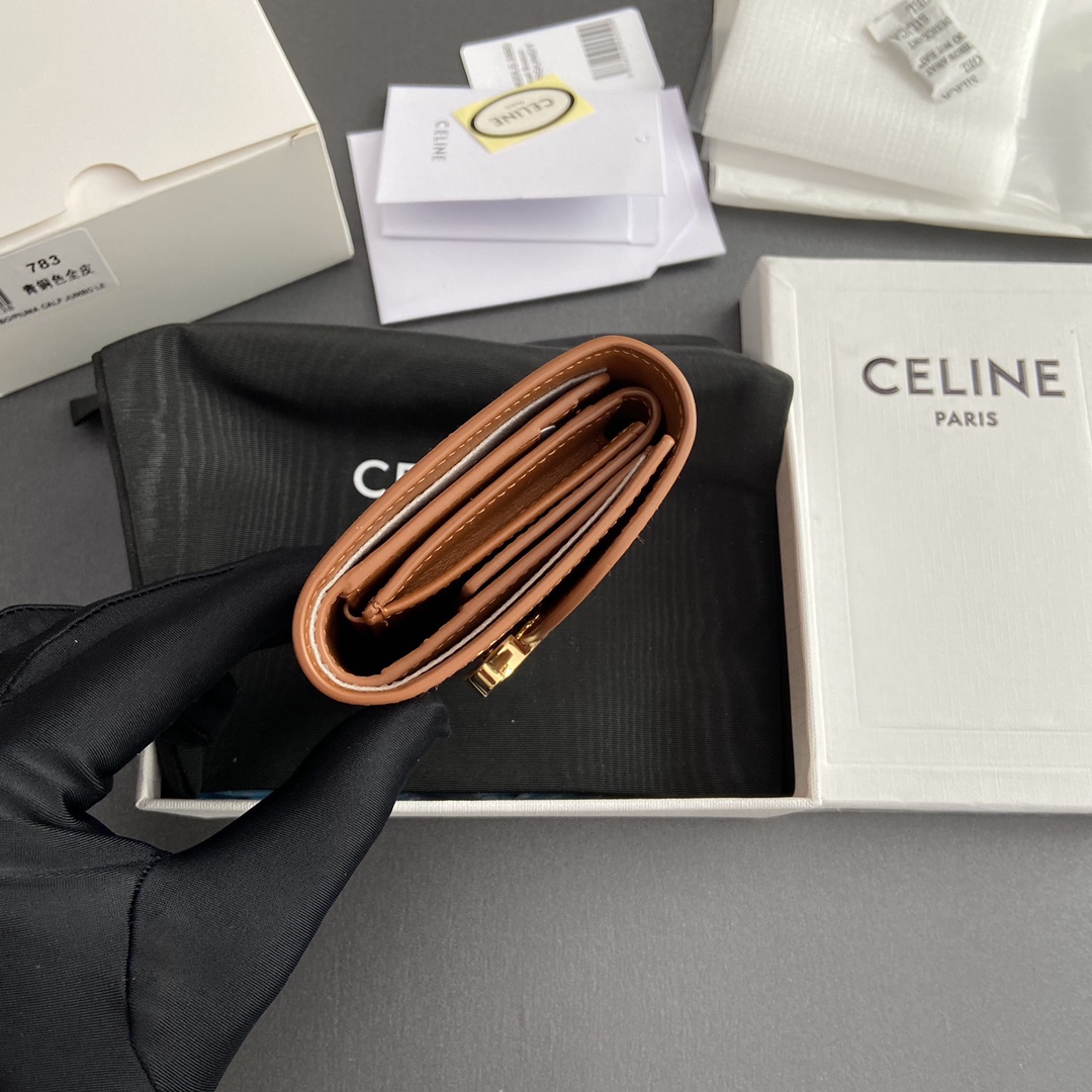 Celine Smlal Flap Wallet Triomphe in Petent Calfskin Coffee