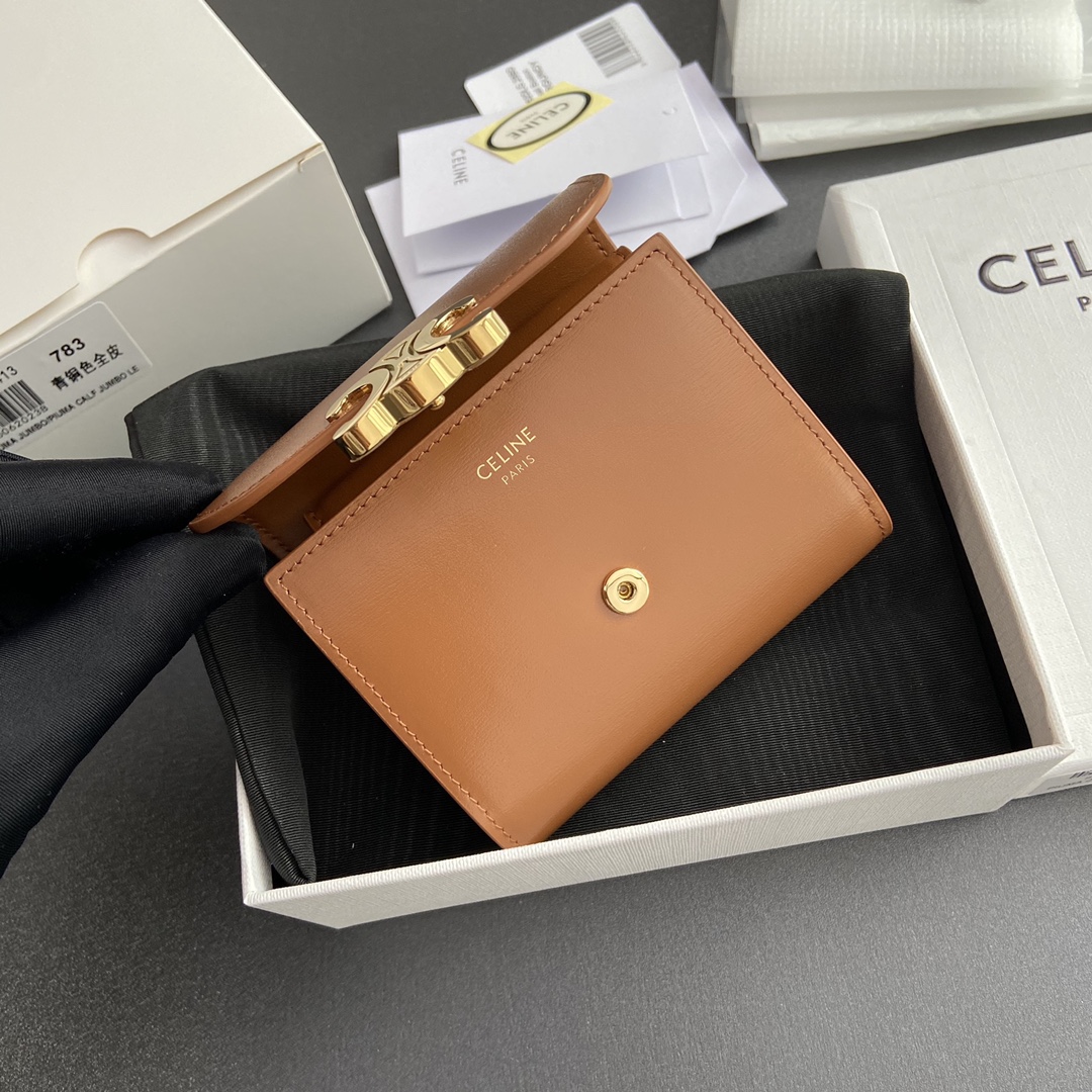 Celine Smlal Flap Wallet Triomphe in Petent Calfskin Coffee