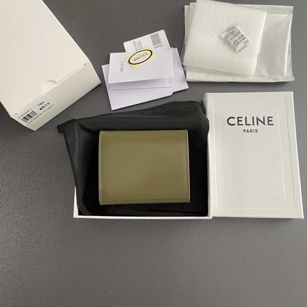 Celine Smlal Flap Wallet Triomphe in Petent Calfskin Dark Green
