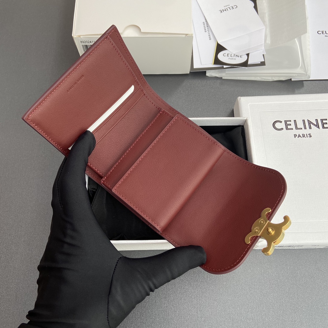 Celine Smlal Flap Wallet Triomphe in Petent Calfskin Dark Red
