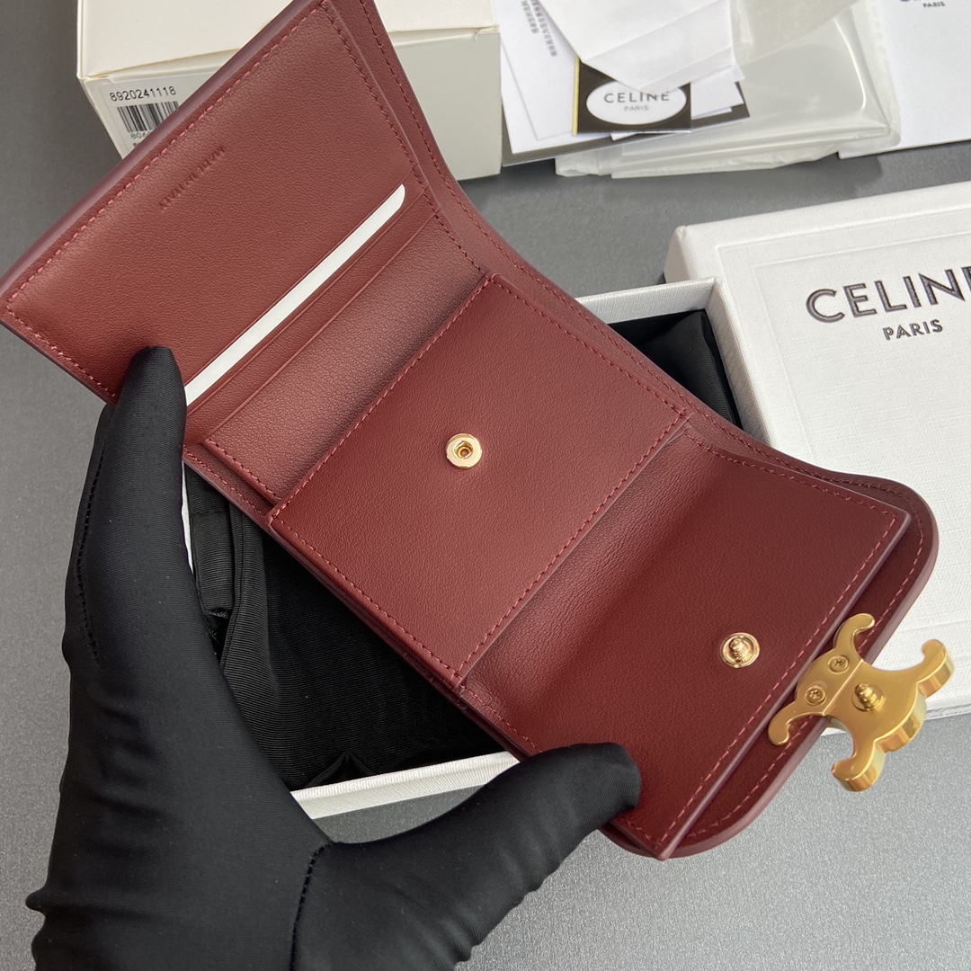 Celine Smlal Flap Wallet Triomphe in Petent Calfskin Dark Red