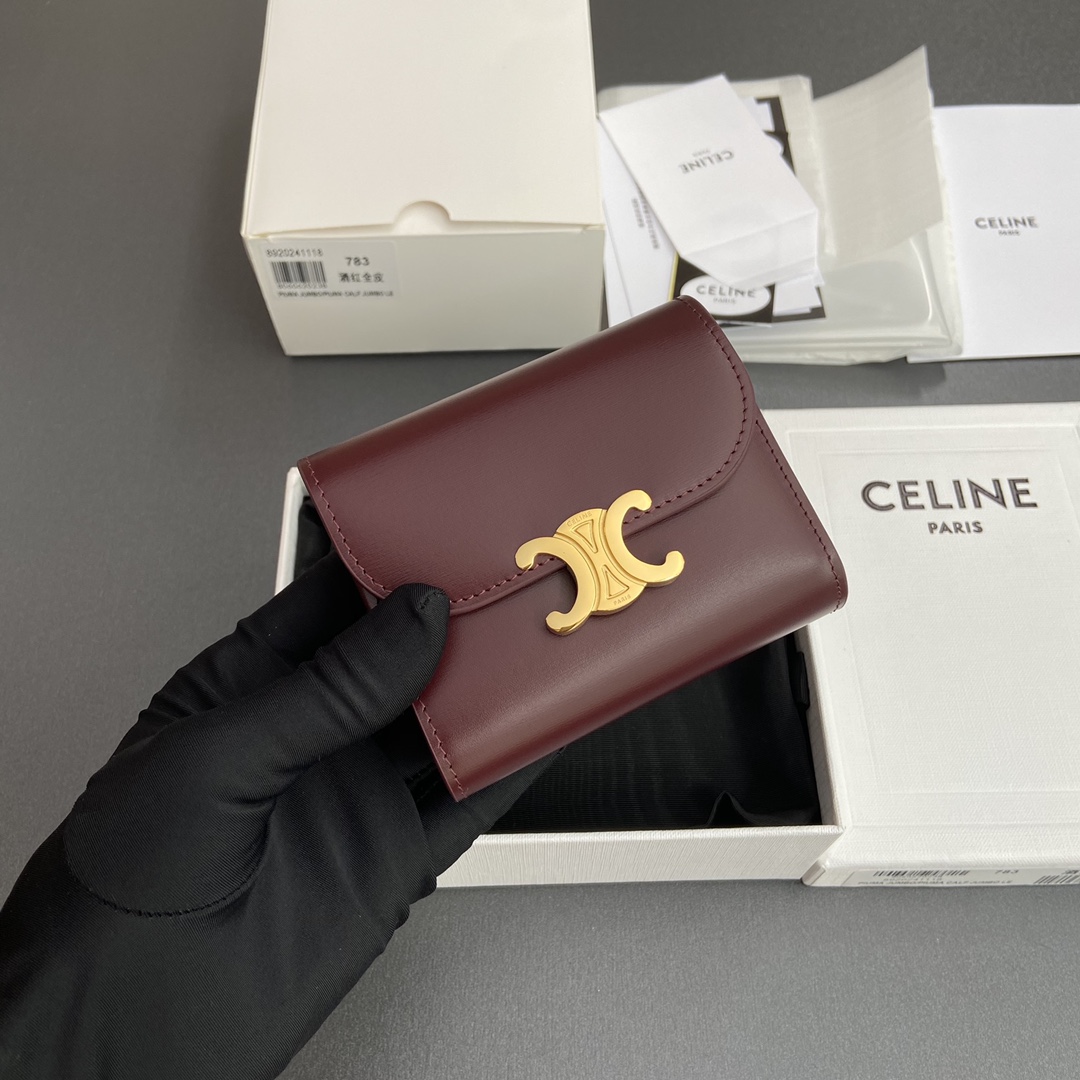 Celine Smlal Flap Wallet Triomphe in Petent Calfskin Dark Red