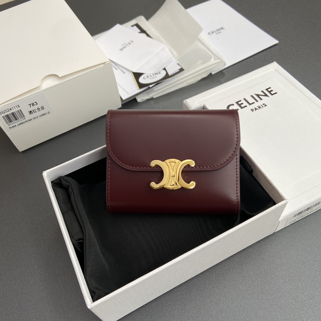 Celine Smlal Flap Wallet Triomphe in Petent Calfskin Dark Red