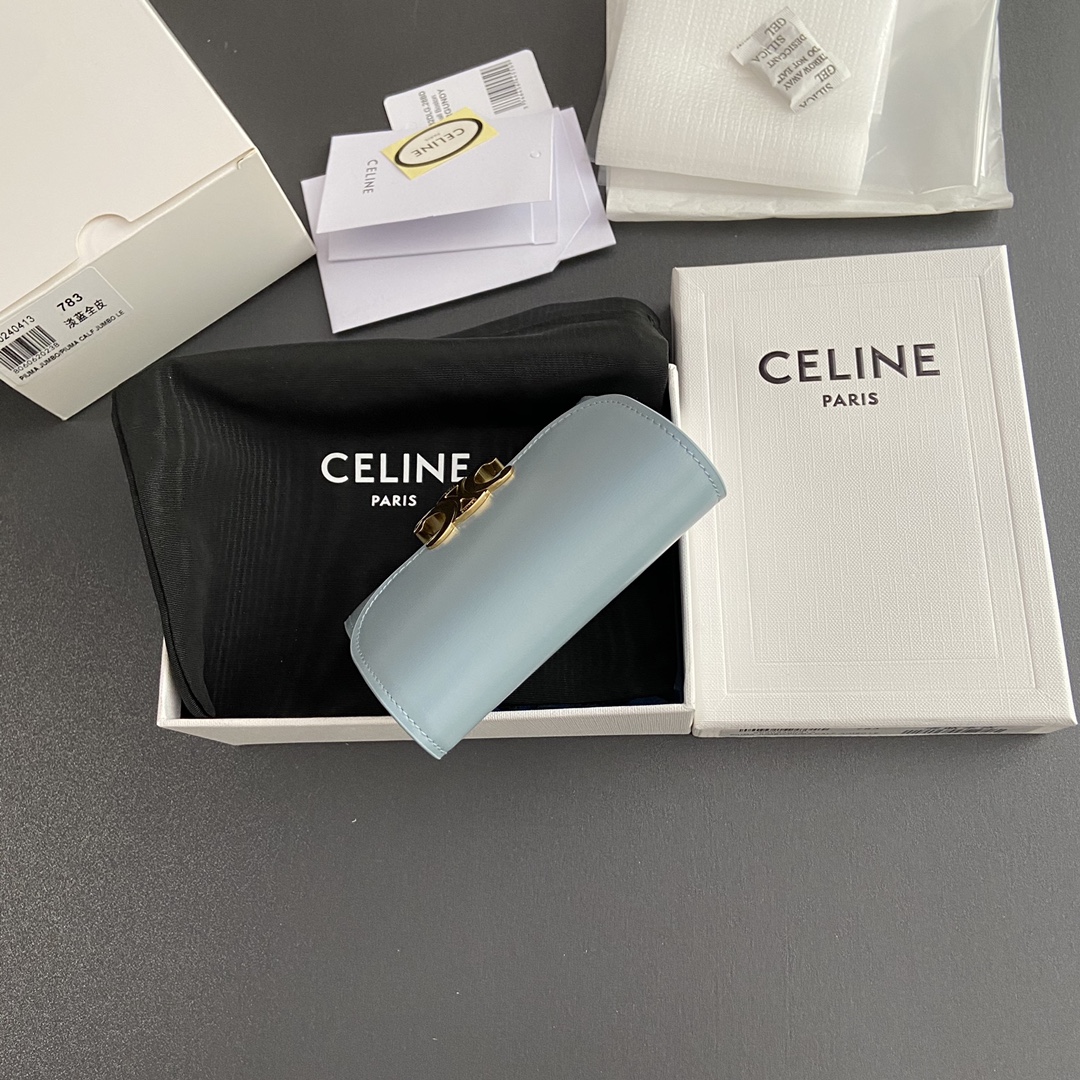 Celine Smlal Flap Wallet Triomphe in Petent Calfskin Light Blue