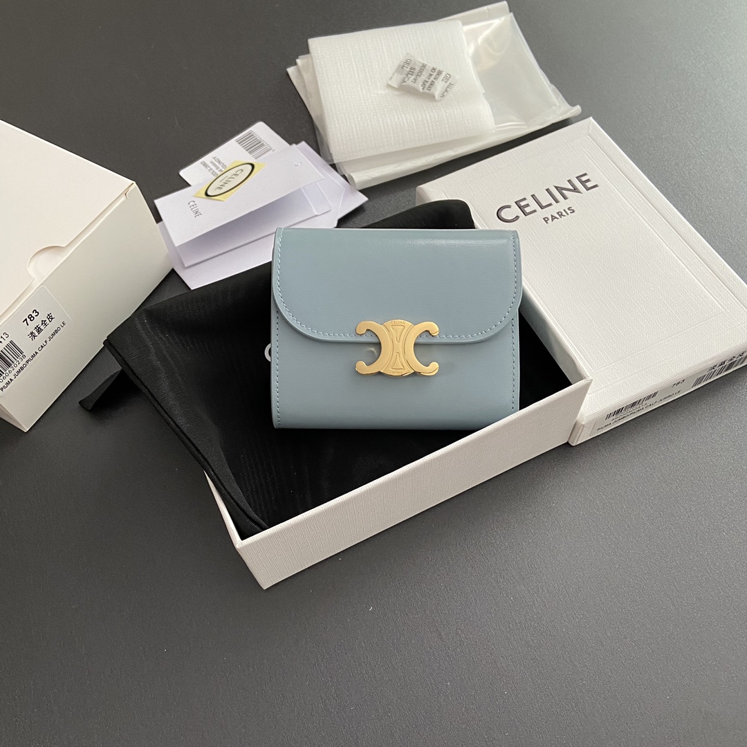 Celine Smlal Flap Wallet Triomphe in Petent Calfskin Light Blue