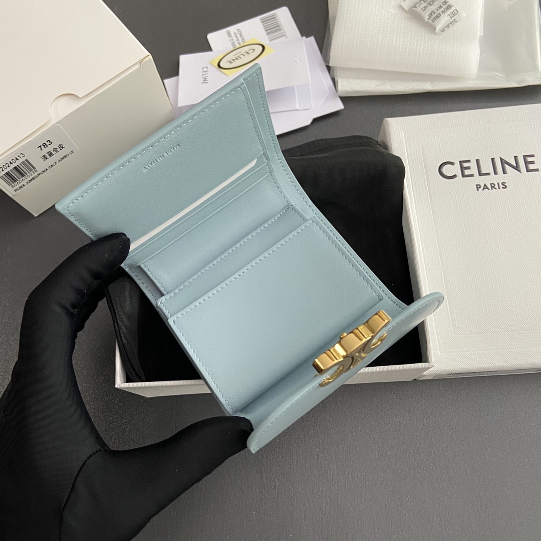 Celine Smlal Flap Wallet Triomphe in Petent Calfskin Light Blue