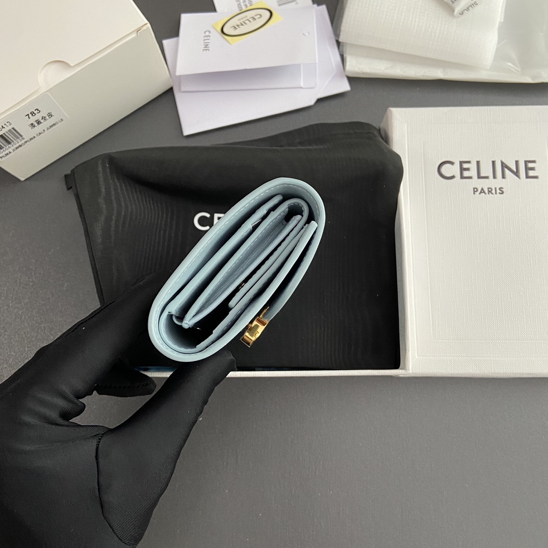 Celine Smlal Flap Wallet Triomphe in Petent Calfskin Light Blue