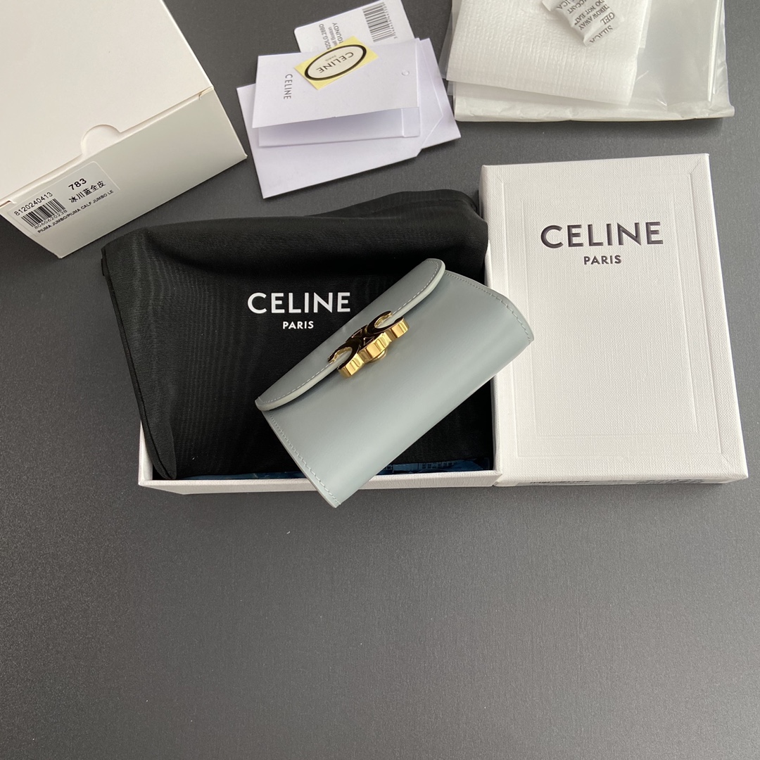 Celine Smlal Flap Wallet Triomphe in Petent Calfskin Medium Blue