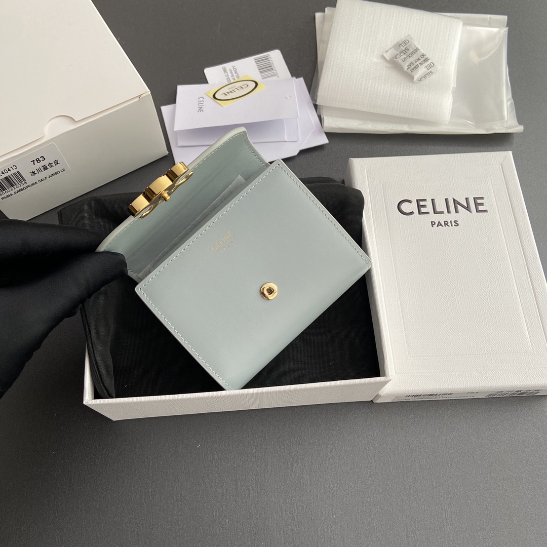 Celine Smlal Flap Wallet Triomphe in Petent Calfskin Medium Blue