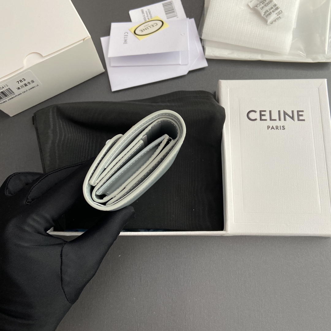 Celine Smlal Flap Wallet Triomphe in Petent Calfskin Medium Blue