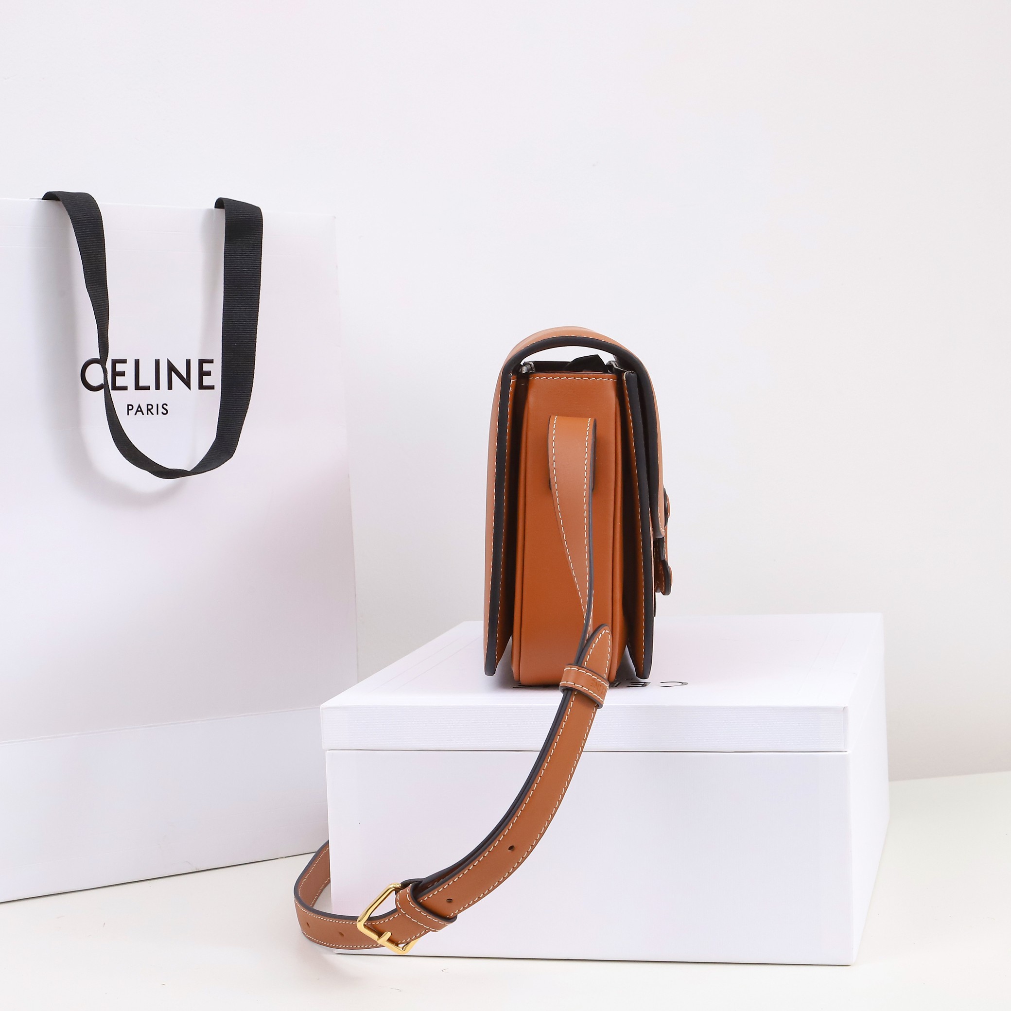 Celine Teen Triomphe Bag In Shiny Calfskin with Brown Logo 22.5cm