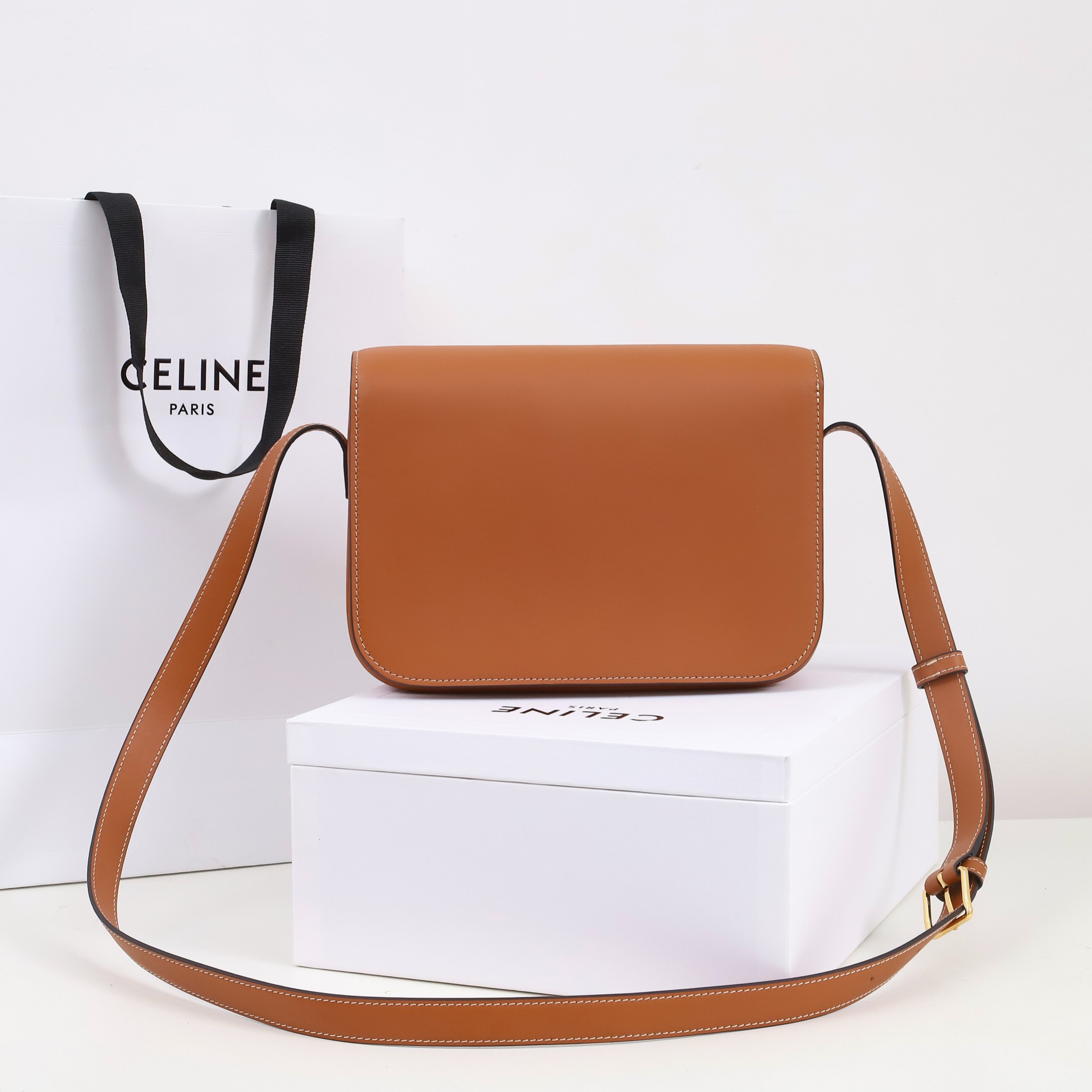 Celine Teen Triomphe Bag In Shiny Calfskin with Brown Logo 22.5cm