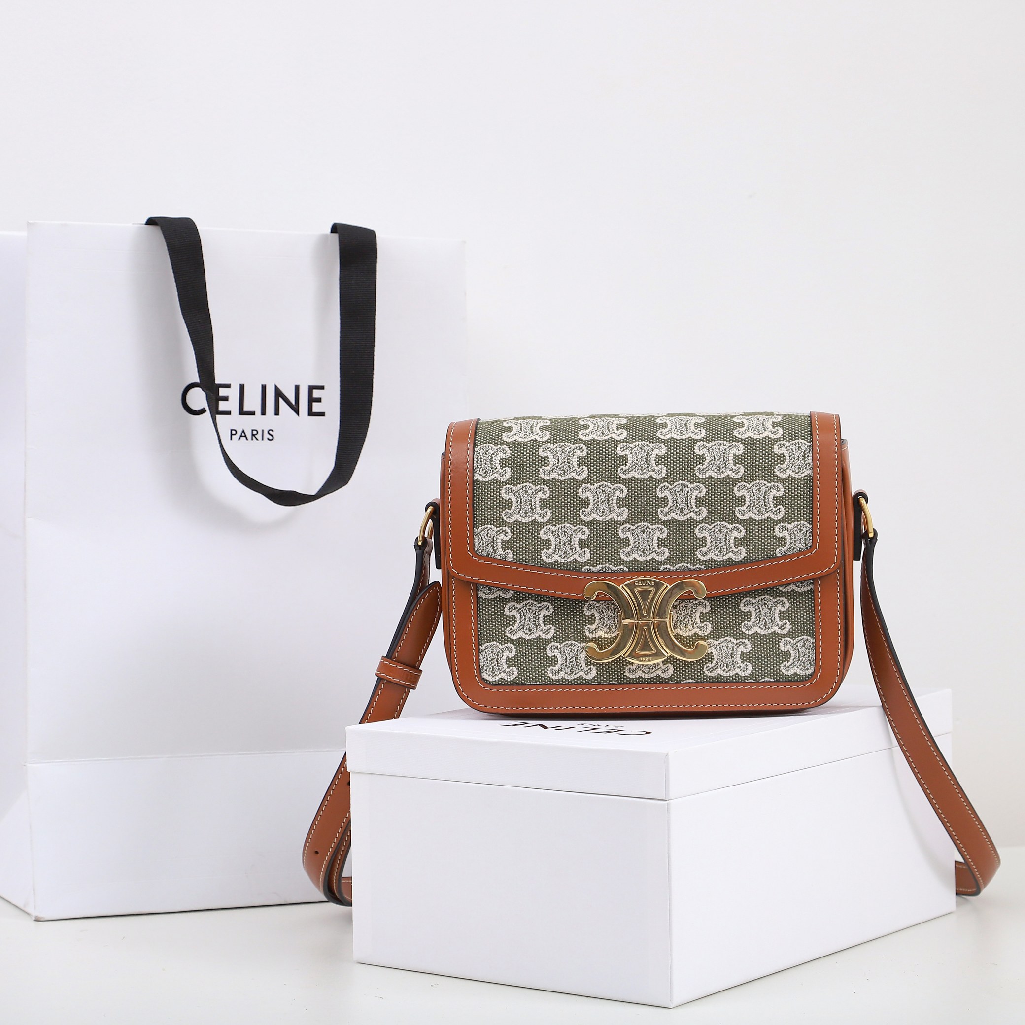 Celine Teen Triomphe Bag In Triomphe Canvas and Clafskin 18.5cm