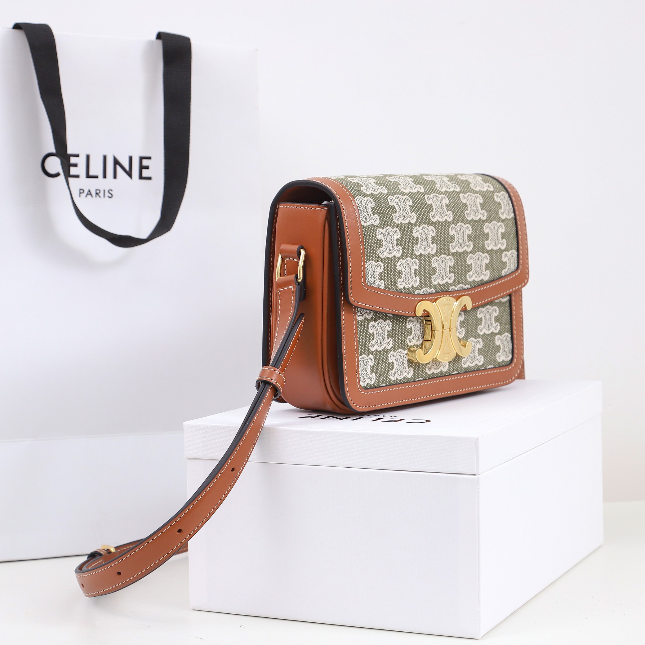 Celine Teen Triomphe Bag In Triomphe Canvas and Clafskin 18.5cm