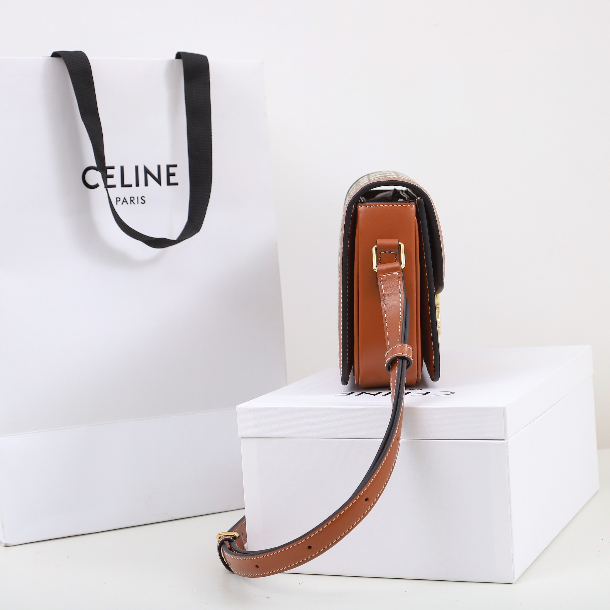 Celine Teen Triomphe Bag In Triomphe Canvas and Clafskin 18.5cm