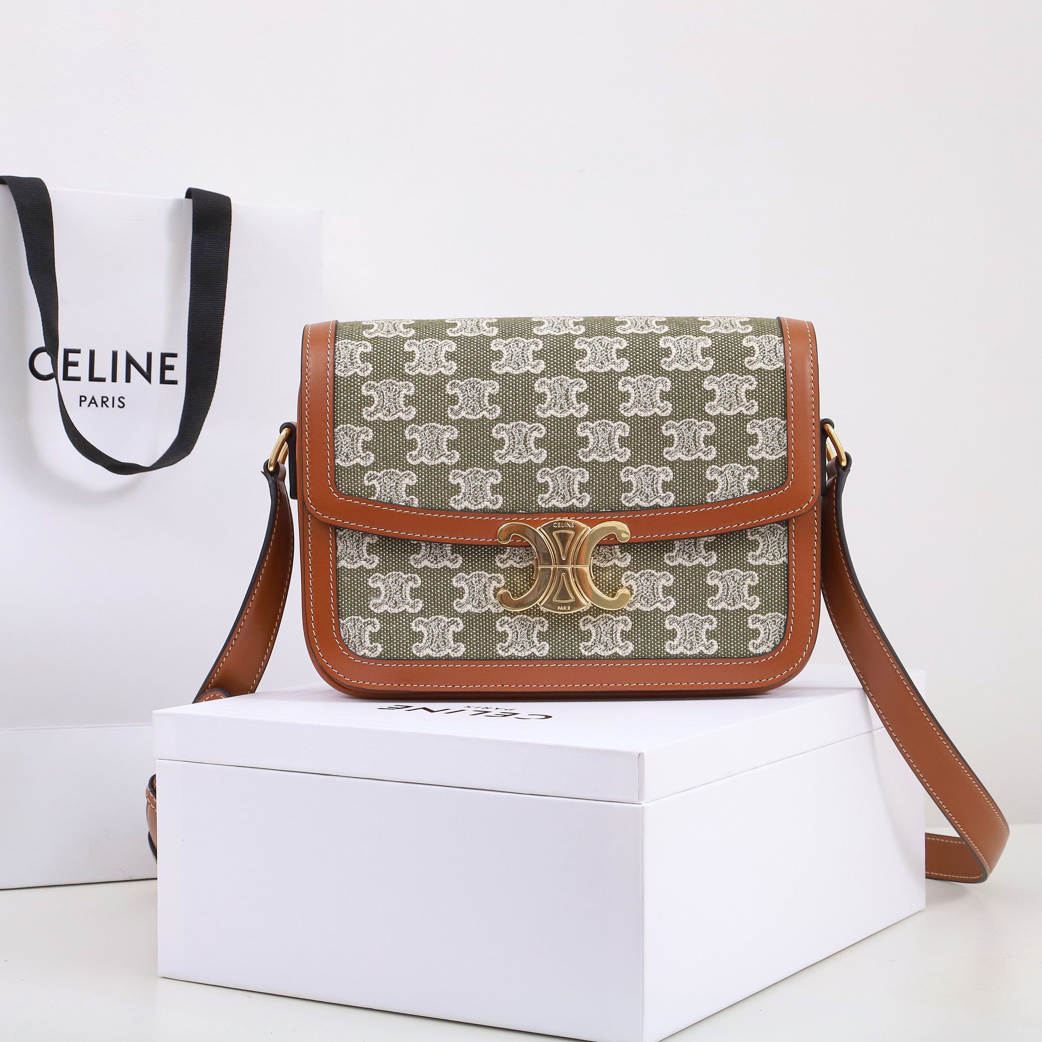 Celine Teen Triomphe Bag In Triomphe Canvas and Clafskin 22.5cm