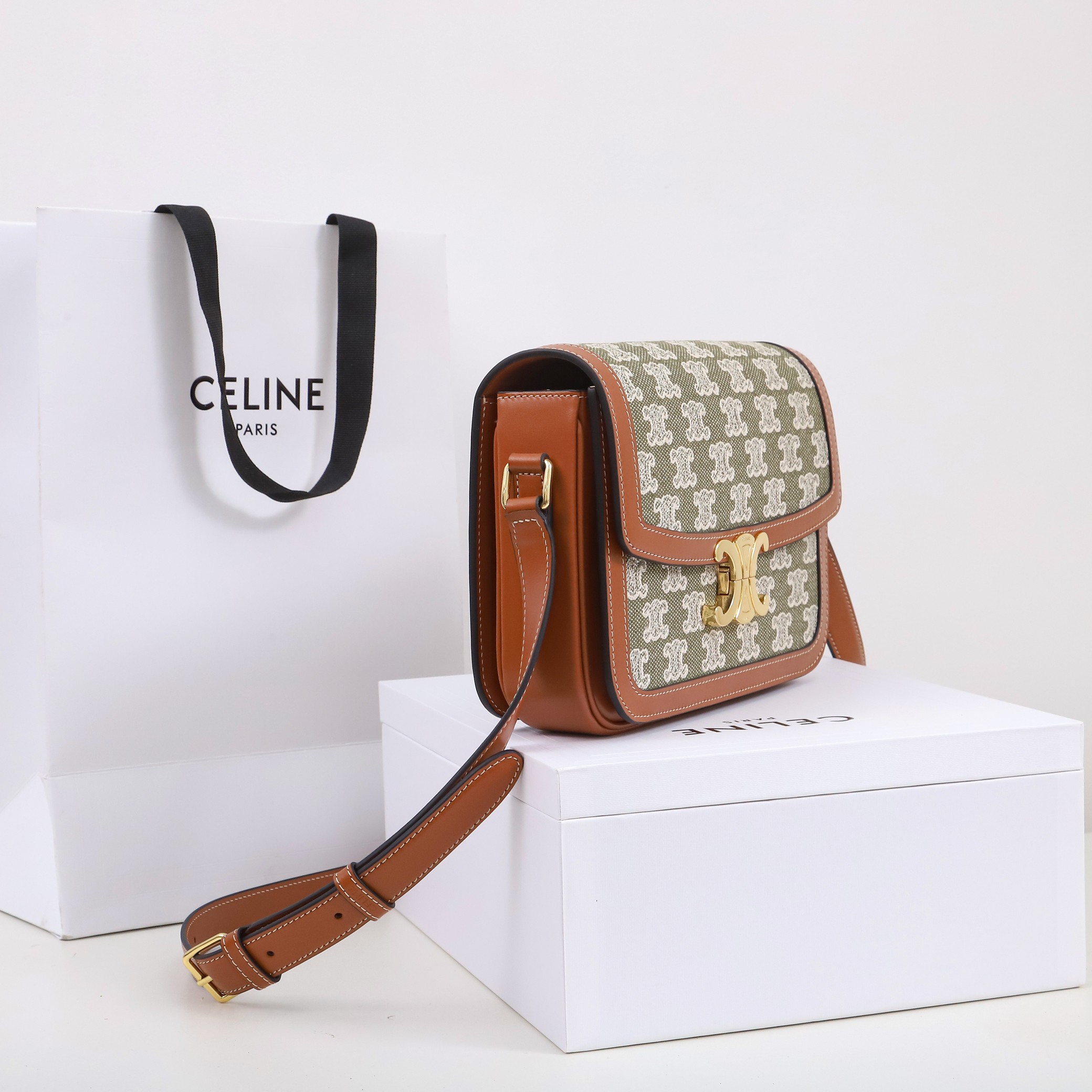 Celine Teen Triomphe Bag In Triomphe Canvas and Clafskin 22.5cm