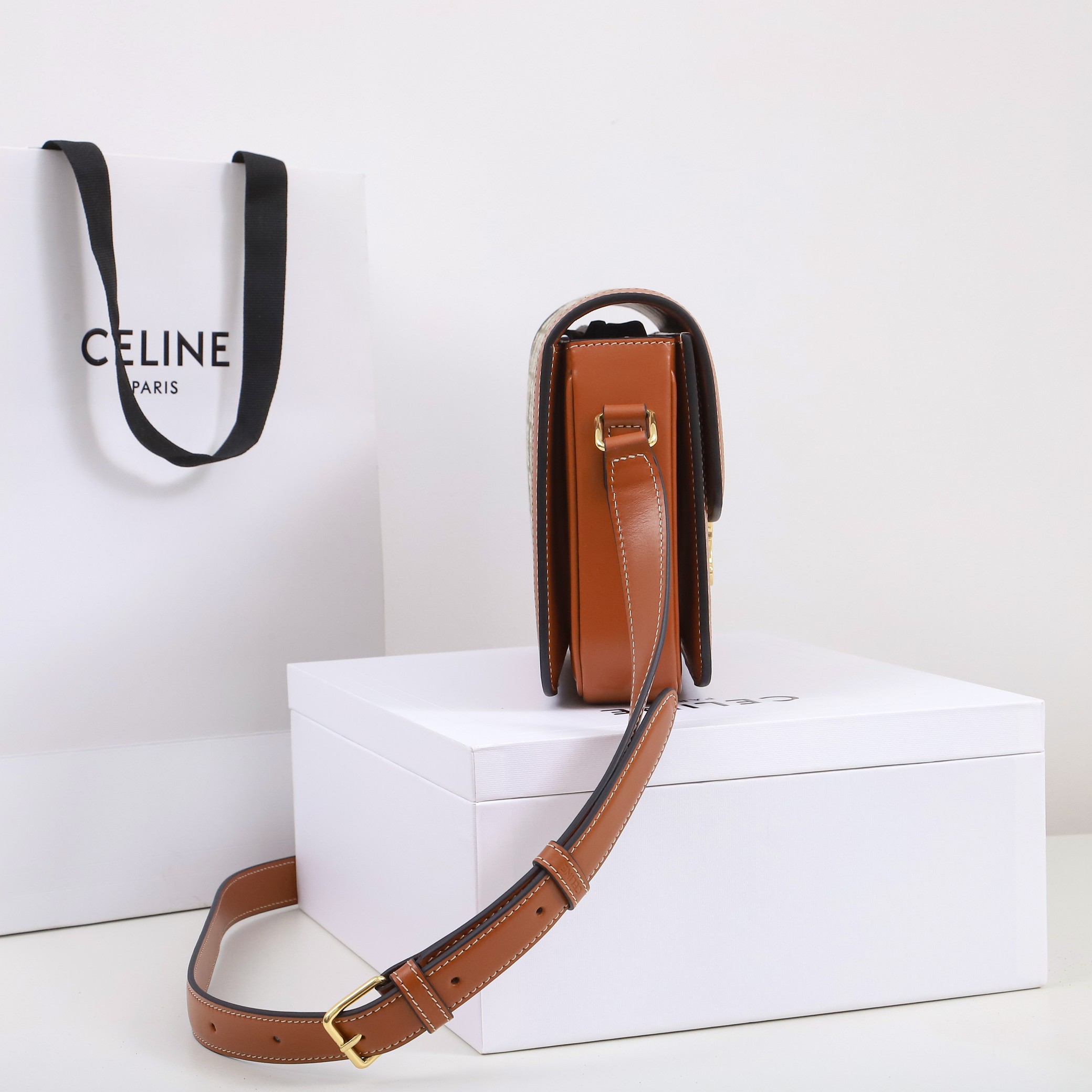 Celine Teen Triomphe Bag In Triomphe Canvas and Clafskin 22.5cm